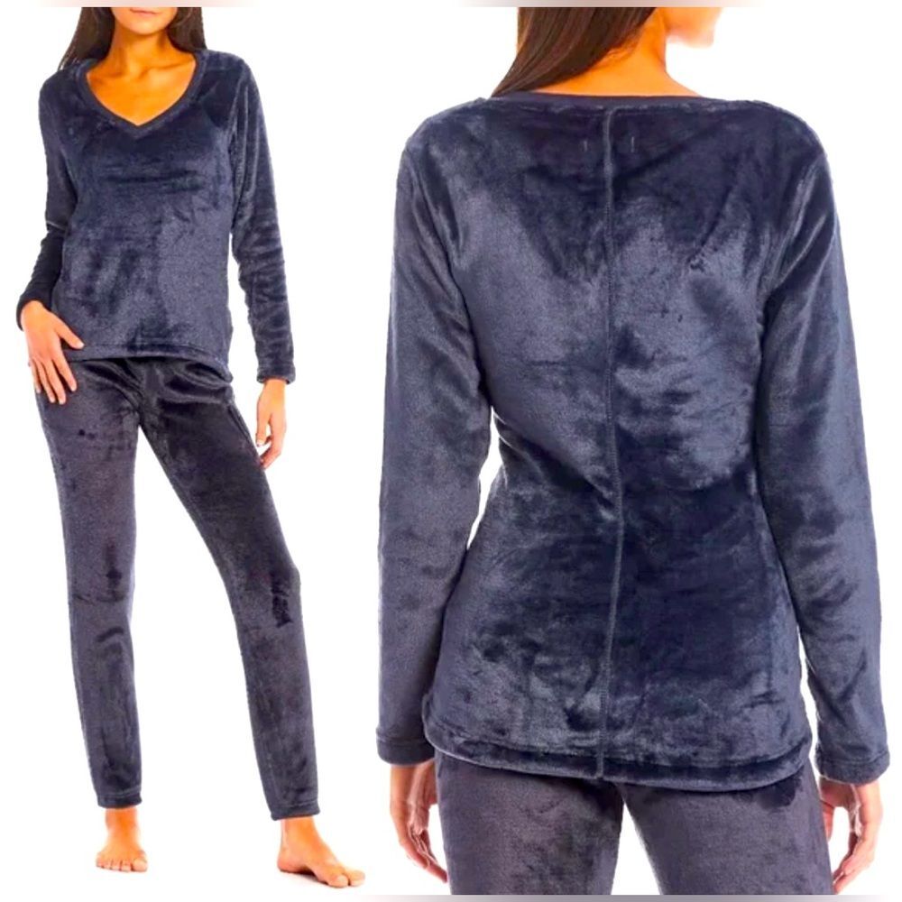 UGG Fleece Top Dark Blue Daisy V-Neck Lounge Velour Sweatshirt - Size Medium